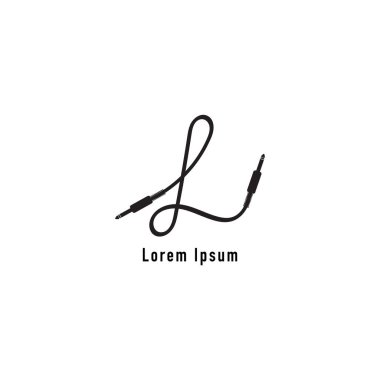 L harfi alfabe vektör çizimi. Kablo kriko logosu konsepti. Ses logosu tasarım şablonu. El yazısı, izole edilmiş, ses donanımı, ses sistemi, enstrüman. Siyah ve Beyaz