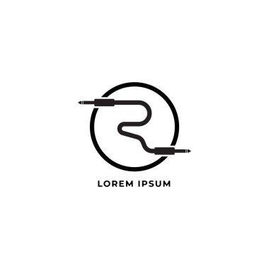 Ses logosu tasarım şablonu. Kablo kriko logosu, elips çizgisi olan Harf R Alfabesi oluşturur. İzole edilmiş, ses donanımı, ses sistemi, cihaz. Siyah ve Beyaz