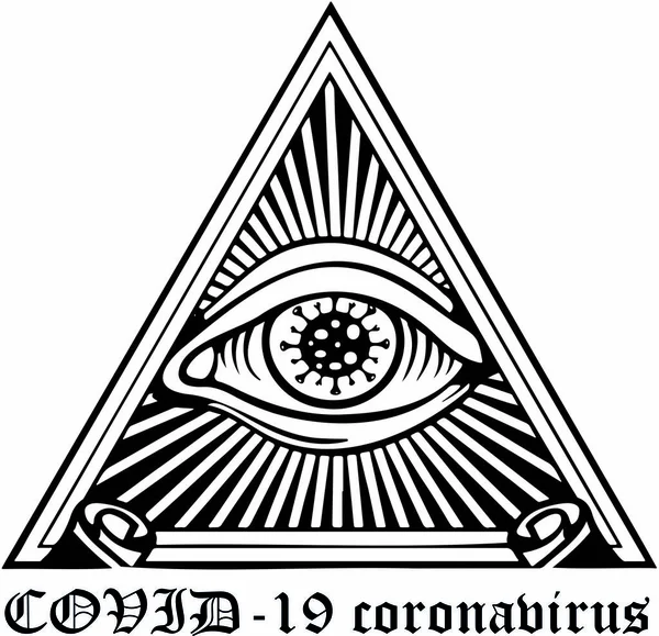 A Masonic eye with a coronavirus pupil in a triangle. Conspiracy concept of the emergence of the COVID-19 pandemic.