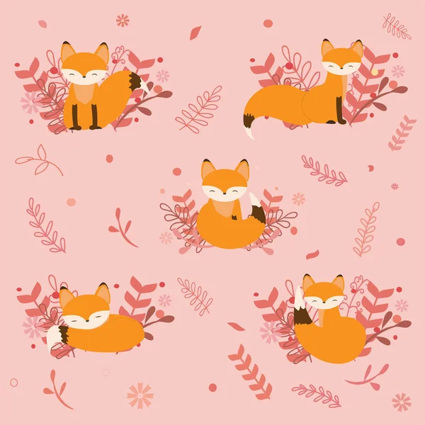 Mignon Ensemble Renards Sur Fond Rose Ornement Floral Illustration Vectorielle — Image vectorielle