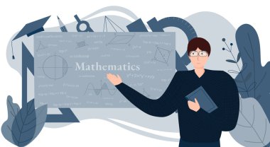 Öğretmen matematiği açıklıyor. Okul ve üniversite eğitimi. Tahtada matematik formülleri. Bilim vektörü çizimi. Öğretmenler Günün kutlu olsun.