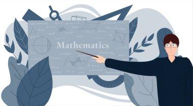 Ders çalışma nesneleri, geometrik şekiller, erkek profesör, sınıf tahtası üzerine ders, düz stil vektör illüstrasyonu, web sayfası için yatay afiş.