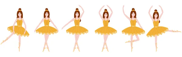 各种芭蕾姿势的黄色塔图中的年轻芭蕾舞演员 卡通芭蕾演员角色 — 图库矢量图片