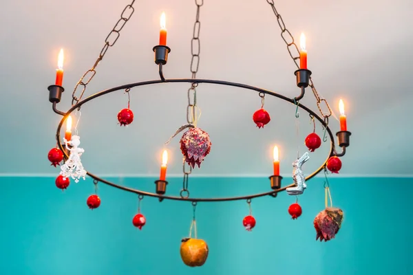 Christmas Decoration Toys Pomegranates Candles Attached Ceiling — Stock Photo, Image