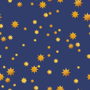 Mavi arkaplanda, uzayda, yörüngedeki altın yıldızlar ve gezegenler, fotoğraf duvar kâğıdına basmak için kusursuz desen, hediye kağıdı