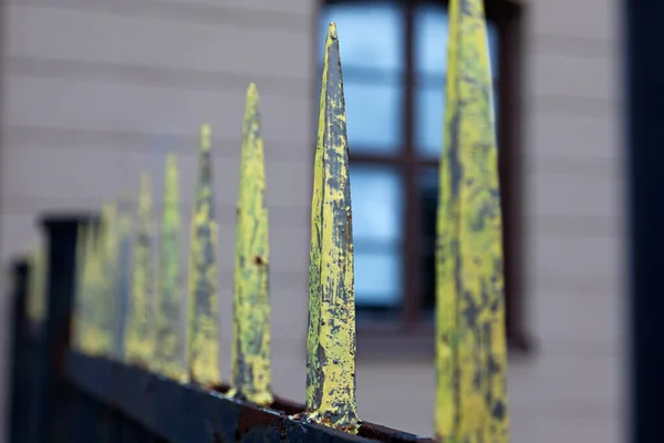 Iron Fence Sharp Tips Yellow Protection Military Area — Stock Photo, Image