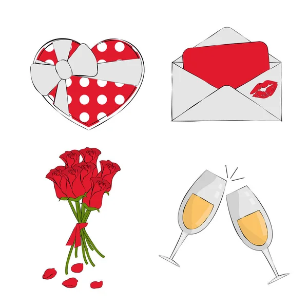 Σετ ρομαντικών μπουκέτο τριαντάφυλλα, ερωτικό γράμμα, καρδιά δώρου, ποτήρια σαμπάνιας — Διανυσματικό Αρχείο