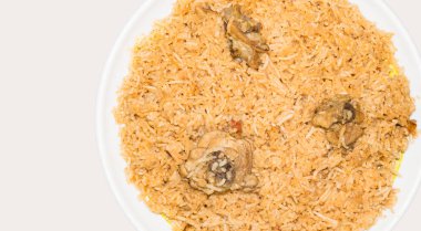 Pakistanlı ve Hintli Tavuk Pulao, Limonlu ve soğanlı kızarmış pilav, Top View.
