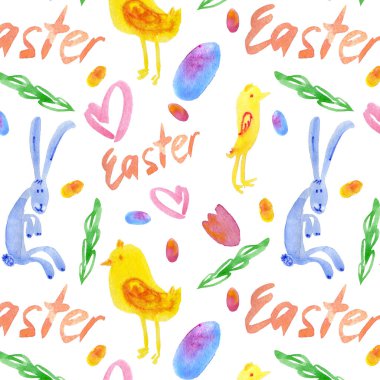 Beyaz arka planda parlak bahar Paskalya elementlerinin kusursuz suluboya desenli çizimi