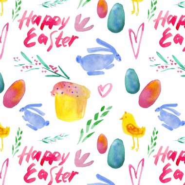 Beyaz arka planda parlak Paskalya elementlerinin kusursuz suluboya desenleri
