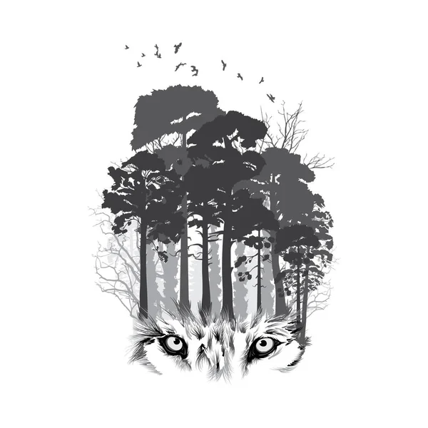 Silhouette de loup sur fond de forêt — Image vectorielle