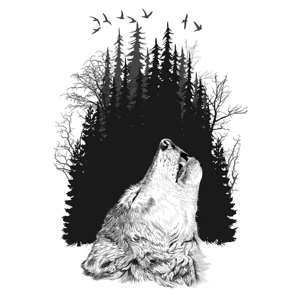 Silueta de lobo sobre fondo forestal — Archivo Imágenes Vectoriales