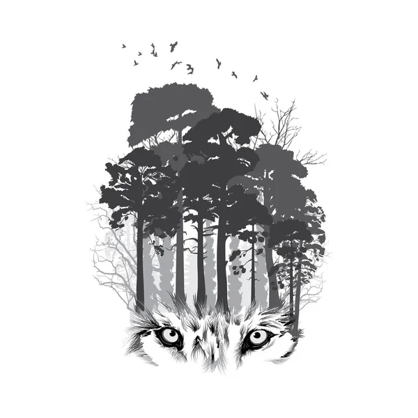 Silhueta lobo no fundo da floresta Vetores De Bancos De Imagens Sem Royalties