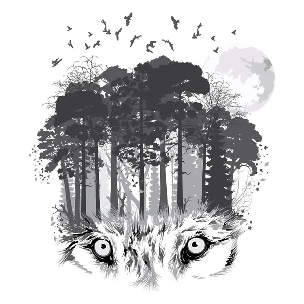 Wolf silhouet op bos achtergrond — Stockvector