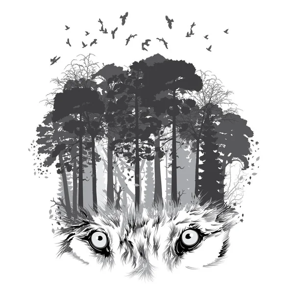Silhouette de loup sur fond de forêt — Image vectorielle