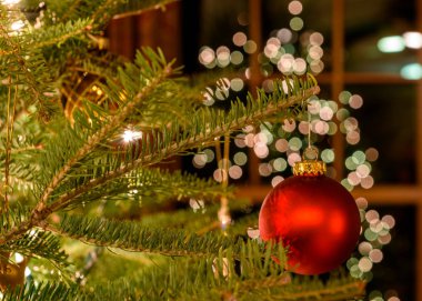 Noel ağacındaki kırmızı süsleme Neşeli Işıklar