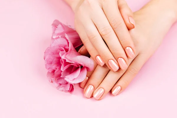 Mooie Vrouw Handen met frisse eustoma. Spa en Manicure concept. Vrouwelijke handen met roze manicure. Zachte huid huidverzorging concept. Schoonheidsnagels. Over beige achtergrond — Stockfoto