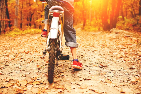 Ragazzo in bicicletta nel bosco, bambino in bicicletta, autunno — Foto Stock