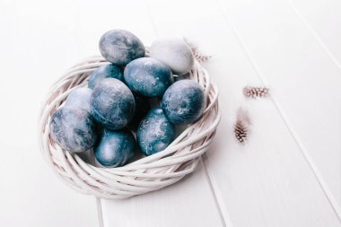 Yuvalarında beyaz ahşap arka planda bir grup açık mavi yumurta. Mutlu Paskalya dekorasyonları.