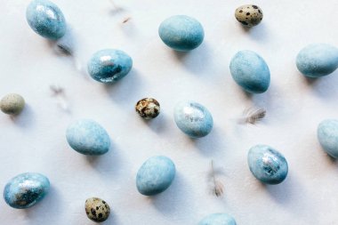 Beyaz arka planda izole edilmiş toplu mavi paskalya yumurtaları. Boyalı Paskalya yumurtaları. Pastel renkte kompozisyonlar. Paskalya kutsaması. Düz yerde, üst tarafta. Boşluğu kopyala.