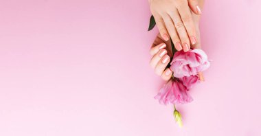 Güzel Kadın Elleri ve taze bir Eustoma. Spa ve Manikür konsepti. Pembe manikürlü kadın elleri. Yumuşak cilt konsepti. Güzel tırnaklar. Bej arkaplanda