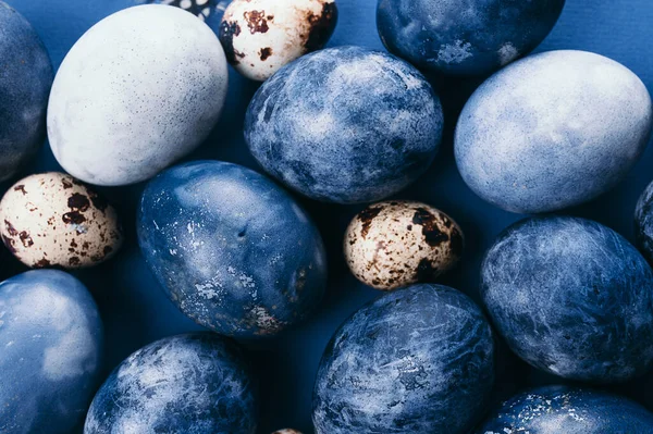 Mavi arka planda bıldırcın yumurtaları ve tüyleri olan güzel bir grup ombre mavi paskalya yumurtası. Paskalya konsepti. Sınır yumurtaları. Metin için alanı kopyala.