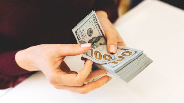 Para banknotları sayan bir kadın. Para, bankacılık, para ve döviz kurlarının resmi.