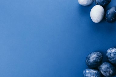 Mavi arka planda bıldırcın yumurtaları ve tüyleri olan güzel bir grup ombre mavi paskalya yumurtası. Paskalya konsepti. Sınır yumurtaları. Metin için alanı kopyala.