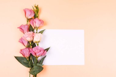 Eustoma çiçekleri ve açık mavi arkaplan üzerine boş not kağıdı