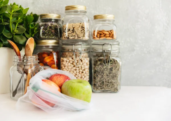 Food set. Raw cereals, pasta, groats, organic legumes and useful seeds in glass jars. — Stock Photo, Image