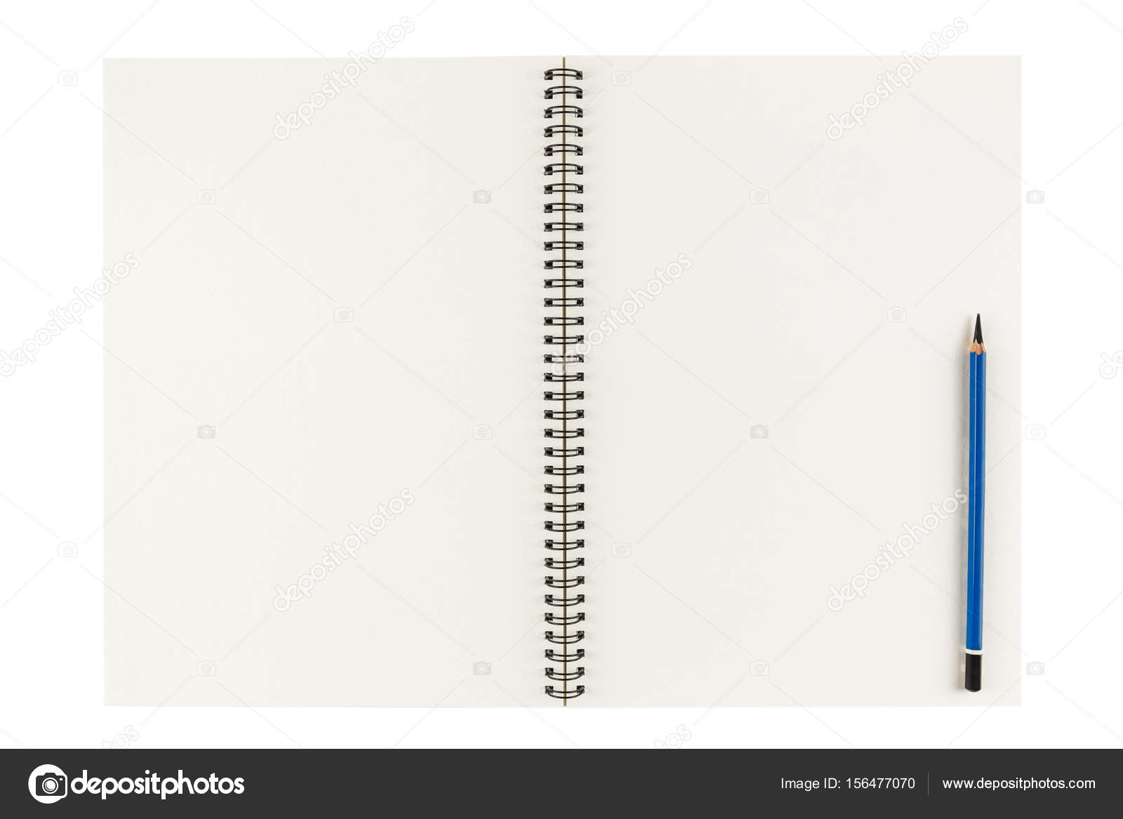 Open blank sketchbook with pencil isolated on white background