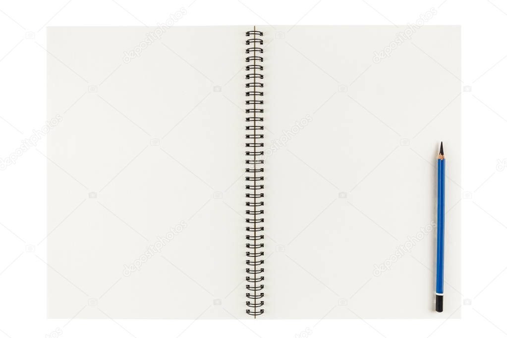Open blank sketchbook with pencil isolated on white background
