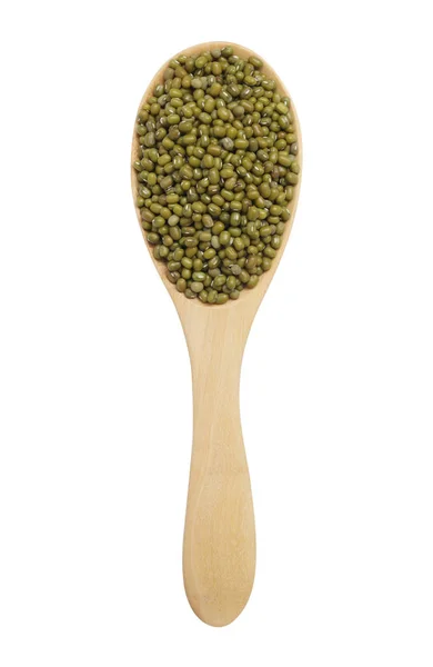 Dry mung beans in wooden spoon isolated on white background — Stock Photo, Image