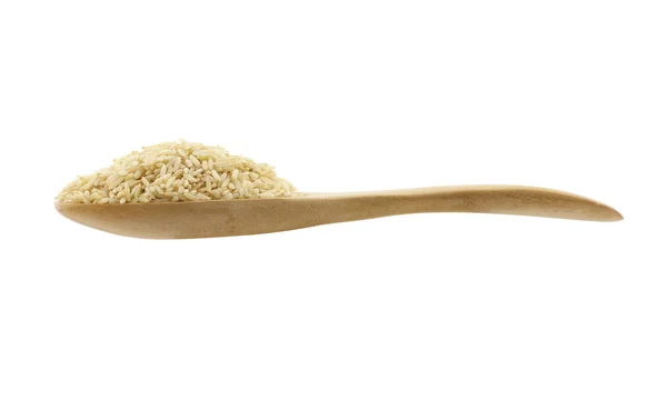 Brązowy ryż na łyżkę na białym tle — Zdjęcie stockowe