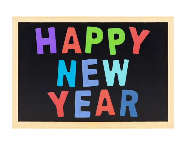 Wooden alphabet letter Happy new year on blackboard isolated on — ストック写真