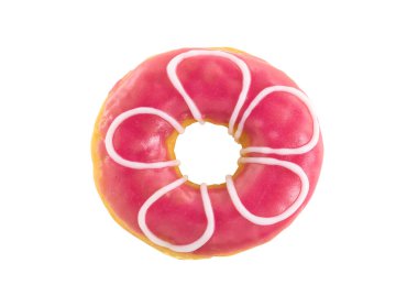 Beyaz arka planda çiçek desenli pembe çilek aromalı çörek.