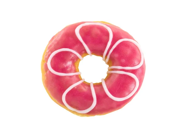 Розовый Клубничный Пончик Цветочным Узором Белом Фоне — стоковое фото