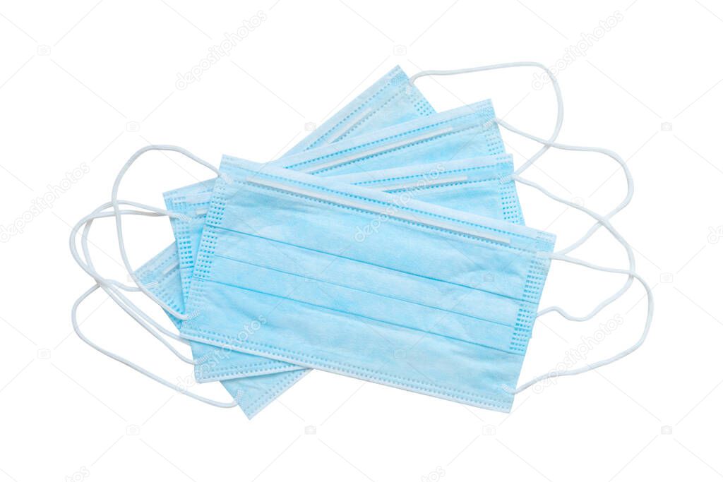 pile of blue medical surgical mask isolated on white background