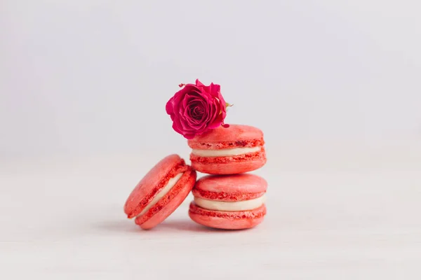 Tasty French Macaroons Pink Rose White Background Place Text — Stockfoto