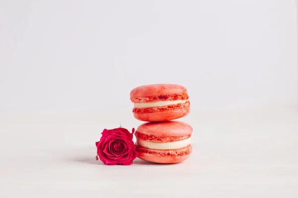 Tasty French Macaroons Pink Rose White Background Place Text — Stockfoto