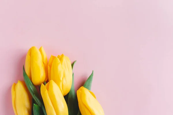 Ніжні Жовті Тюльпани Пастельно Рожевому Тлі Вітальна Листівка День Матері — стокове фото