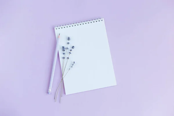 Boş sayfalı defter, menekşe arkaplanda kalem ve lavanta. Düz yatıyordu. Metin için yer. 