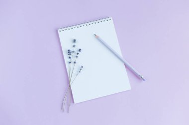 Boş sayfalı defter, menekşe arkaplanda kalem ve lavanta. Düz yatıyordu. Metin için yer. 