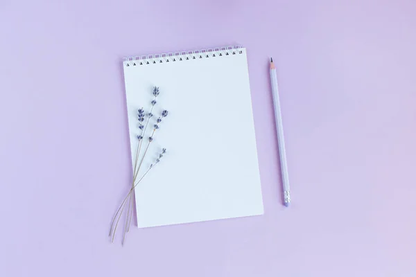 Boş sayfalı defter, menekşe arkaplanda kalem ve lavanta. Düz yatıyordu. Metin için yer. 