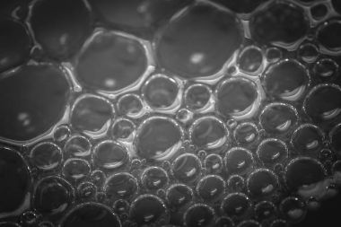 Makro sabunlu su kabarcıkları yakın çekim siyah beyaz vurdu.