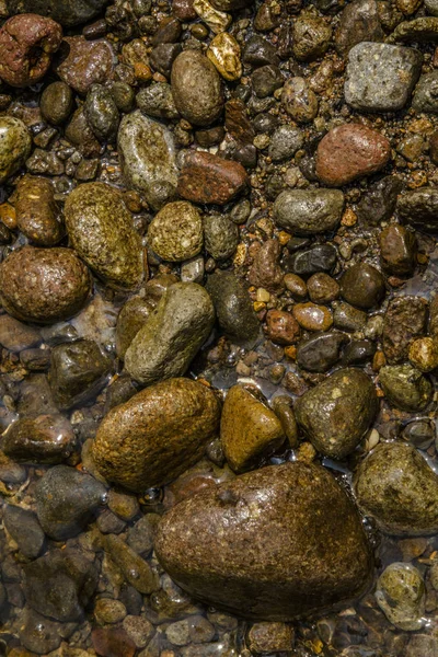 Nahaufnahme Nasser Natürlicher Kieselsteine Flussufer — Stockfoto