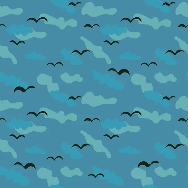 Seamless vector pattern with black birds on blue cloudy background — Stock vektor