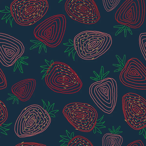 Motif vectoriel sans couture avec des fraises brodées sur fond sarcelle foncé — Image vectorielle