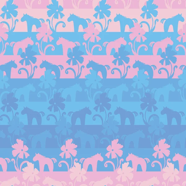 Motif rayé vectoriel sans couture avec licornes roses et bleues et fleurs — Image vectorielle