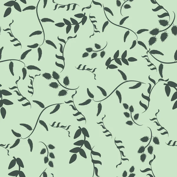 Motif vintage vectoriel sans couture avec des feuilles délicates et des silhouettes de branches en couleurs vertes — Image vectorielle